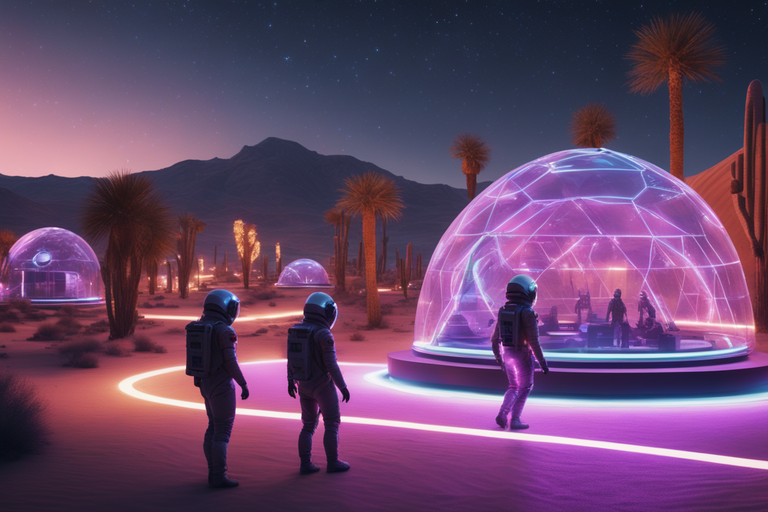 a-cozy-futuristic-desert-city-at-night-astronauts-walking-around-futuristic-plant-domes-with-neon--947038982